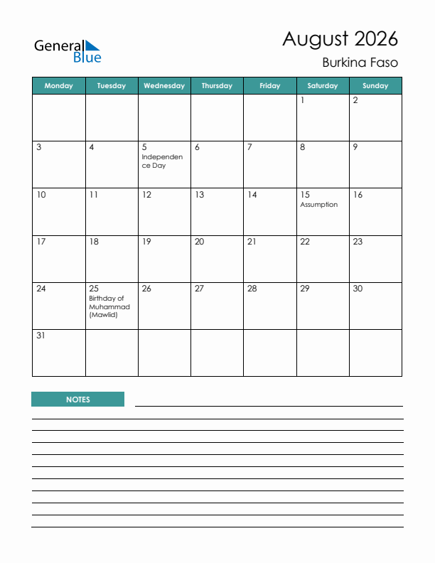 Calendar with Notes Printable - Monday Start