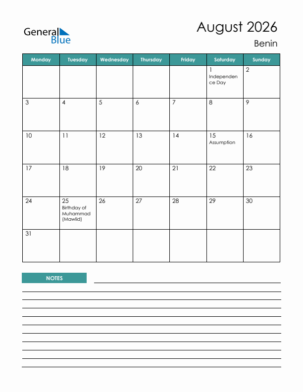 Calendar with Notes Printable - Monday Start