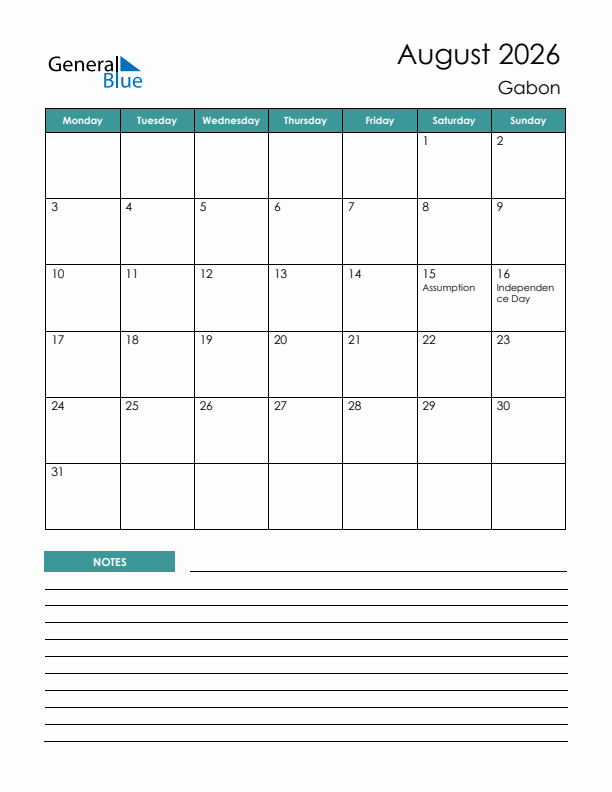 Calendar with Notes Printable - Monday Start