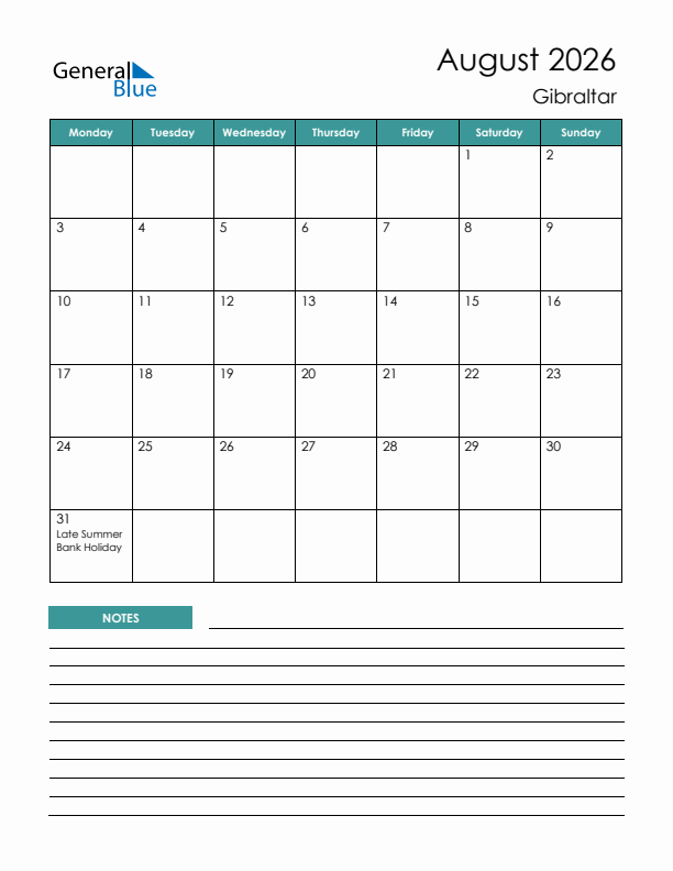 Calendar with Notes Printable - Monday Start