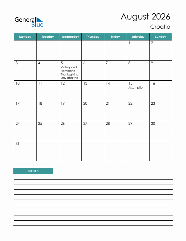 Calendar with Notes Printable - Monday Start