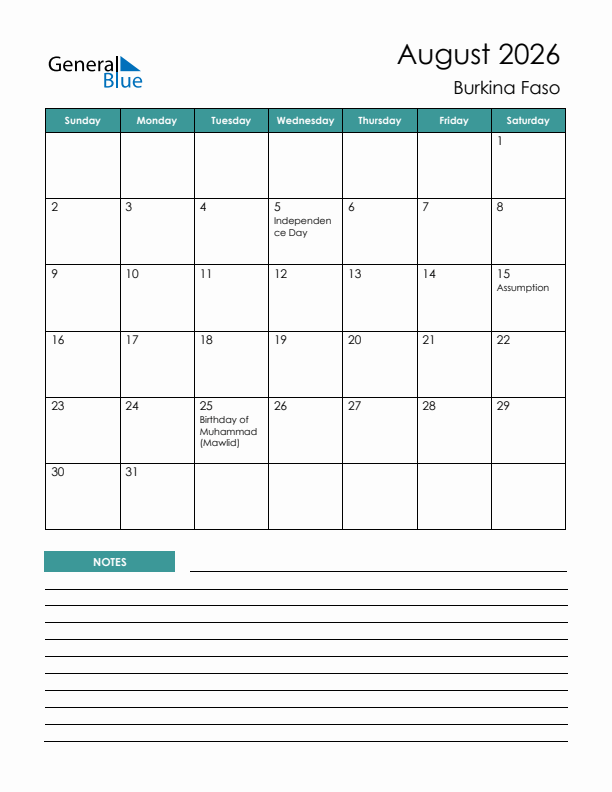 Calendar with Notes Printable - Sunday Start