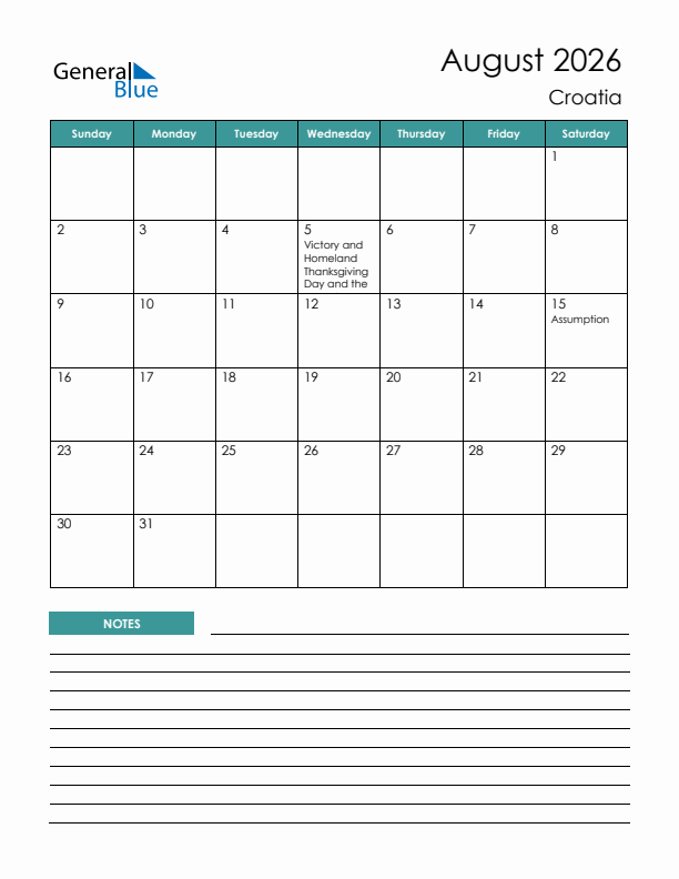 Calendar with Notes Printable - Sunday Start