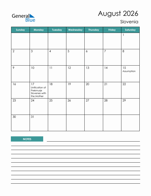 Calendar with Notes Printable - Sunday Start