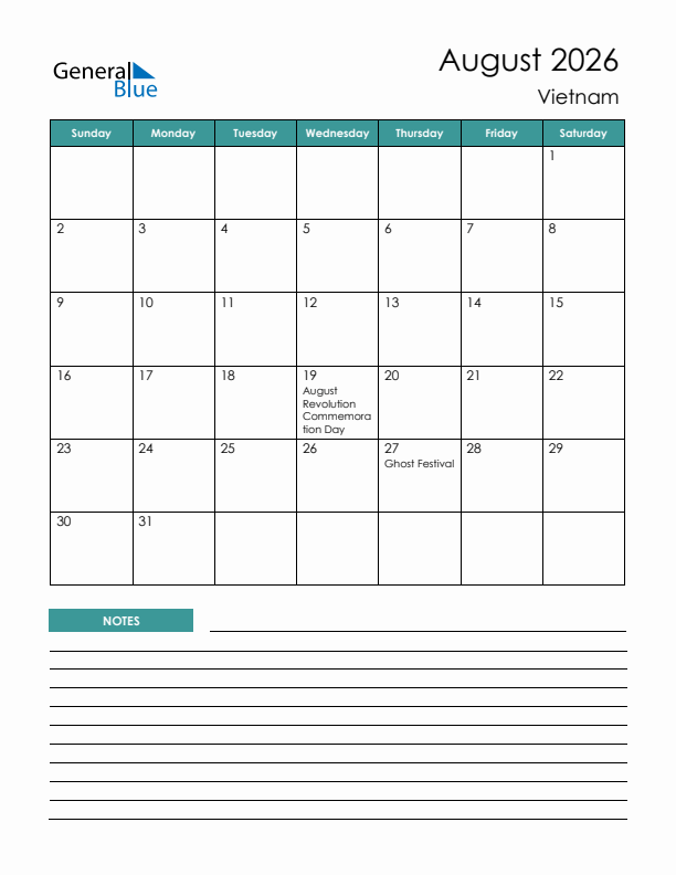 Calendar with Notes Printable - Sunday Start