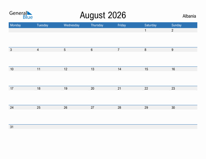 Fillable August 2026 Calendar