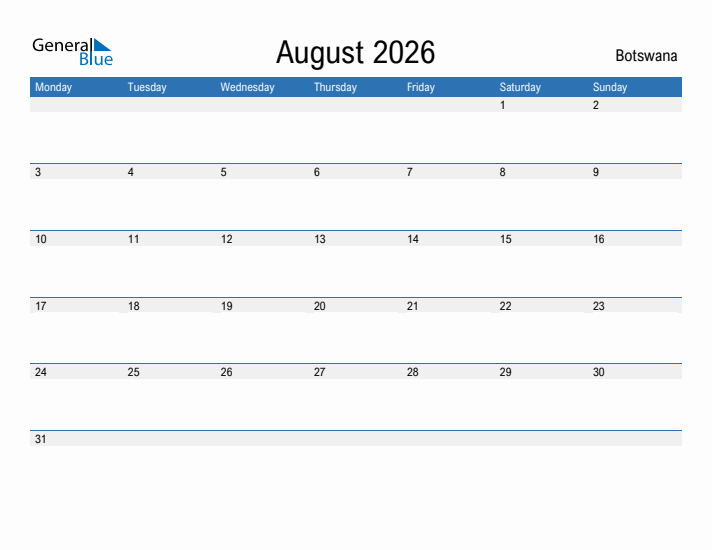 Fillable August 2026 Calendar