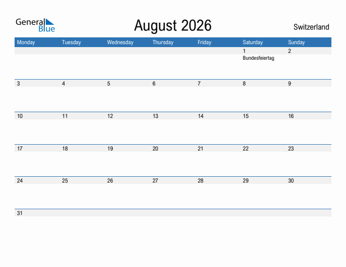 Fillable August 2026 Calendar