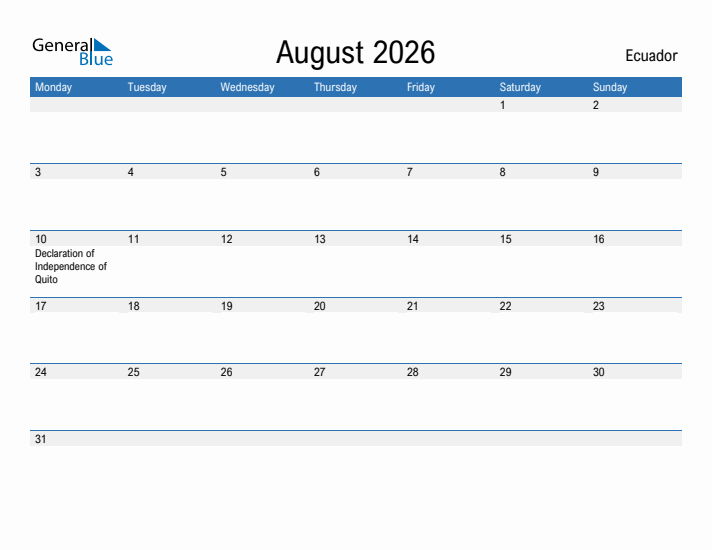 Fillable August 2026 Calendar