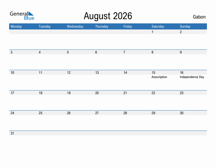 Fillable August 2026 Calendar