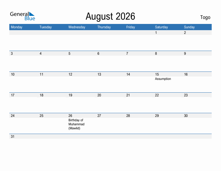 Fillable August 2026 Calendar