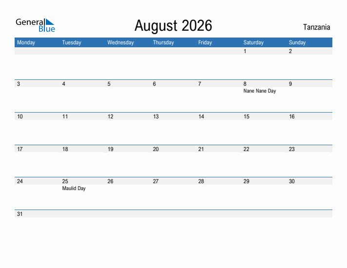 Fillable August 2026 Calendar