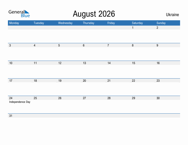 Fillable August 2026 Calendar