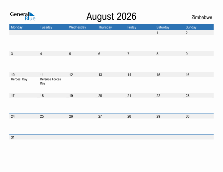 Fillable August 2026 Calendar