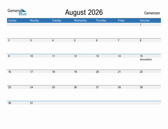 Fillable August 2026 Calendar