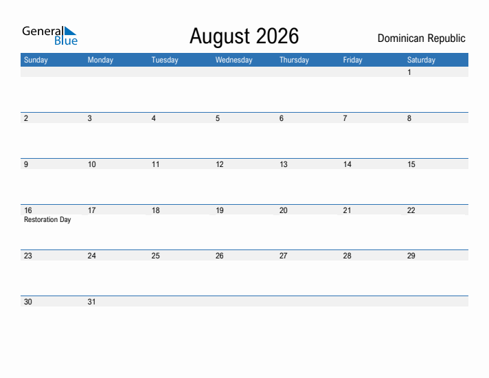 Fillable August 2026 Calendar