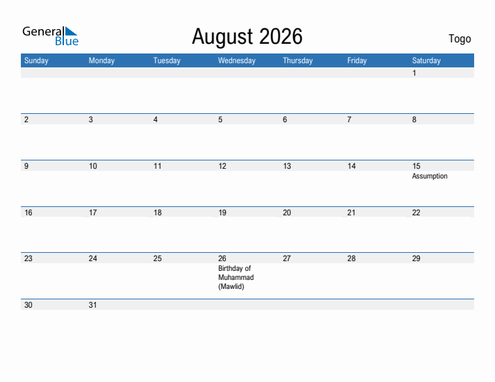 Fillable August 2026 Calendar