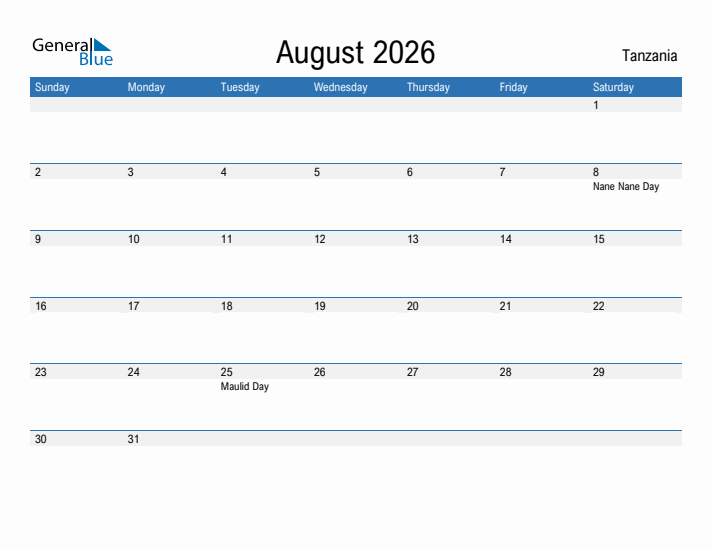 Fillable August 2026 Calendar