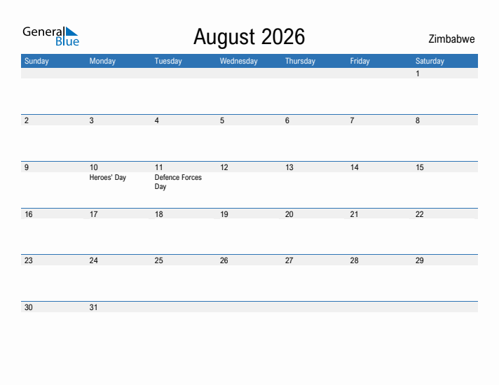 Fillable August 2026 Calendar