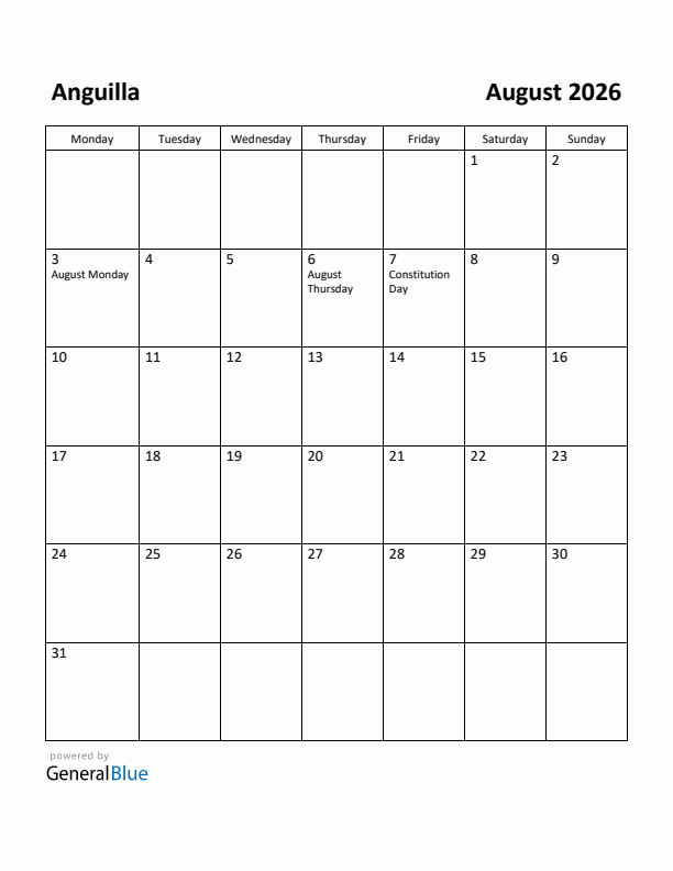 August 2026 Calendar with Anguilla Holidays