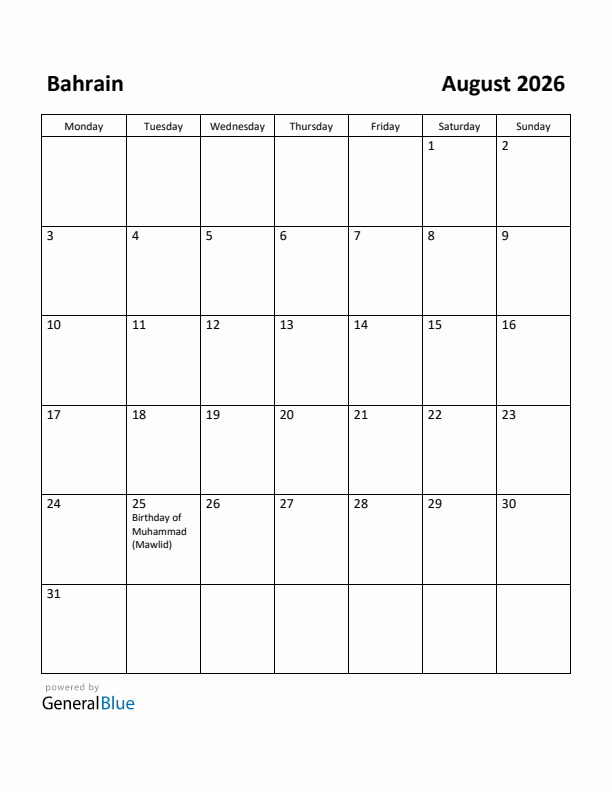 August 2026 Calendar with Bahrain Holidays