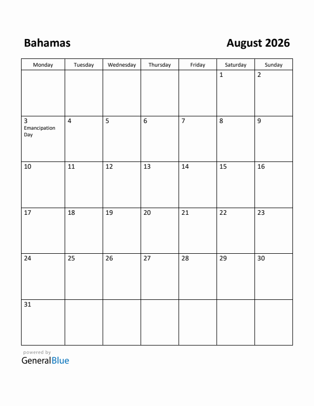 August 2026 Calendar with Bahamas Holidays