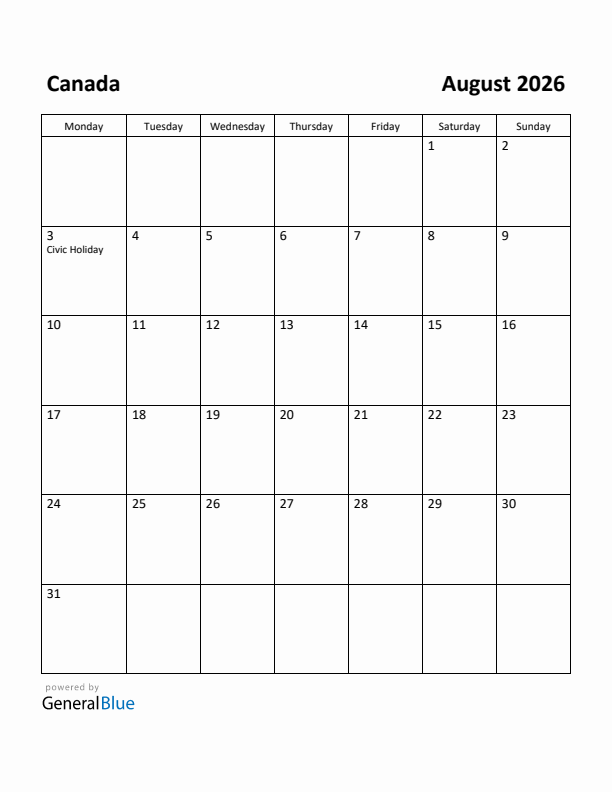 August 2026 Calendar with Canada Holidays