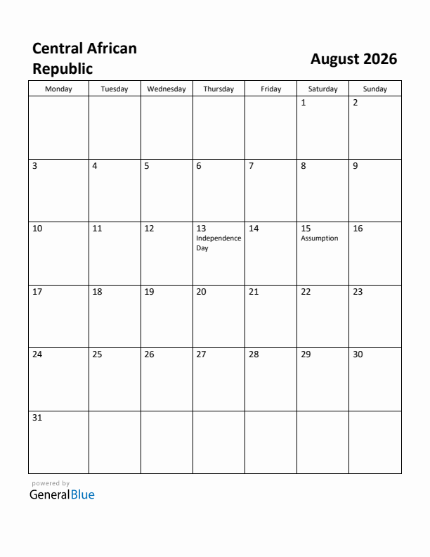 August 2026 Calendar with Central African Republic Holidays