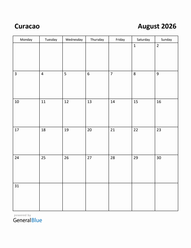 August 2026 Calendar with Curacao Holidays