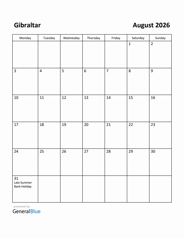 August 2026 Calendar with Gibraltar Holidays