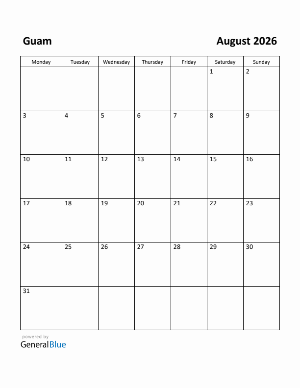 August 2026 Calendar with Guam Holidays