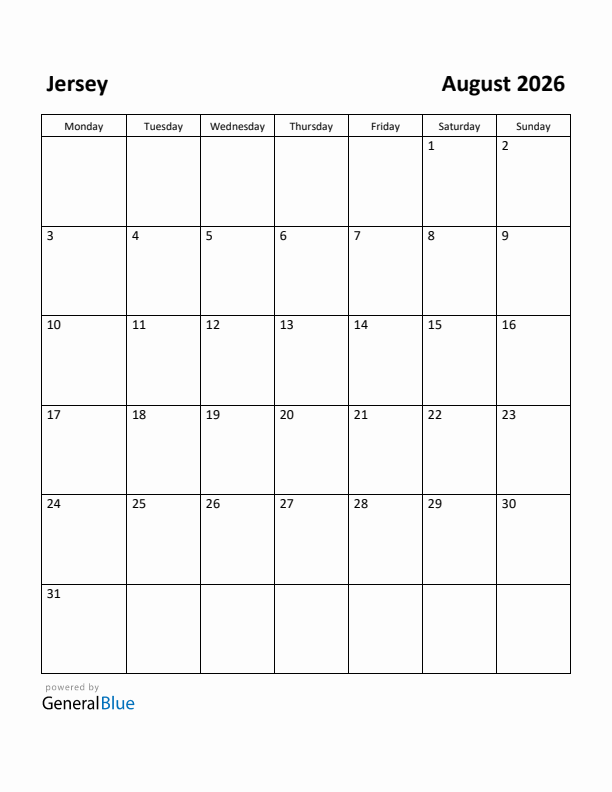 August 2026 Calendar with Jersey Holidays