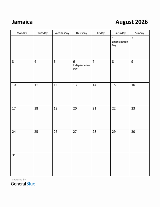 August 2026 Calendar with Jamaica Holidays