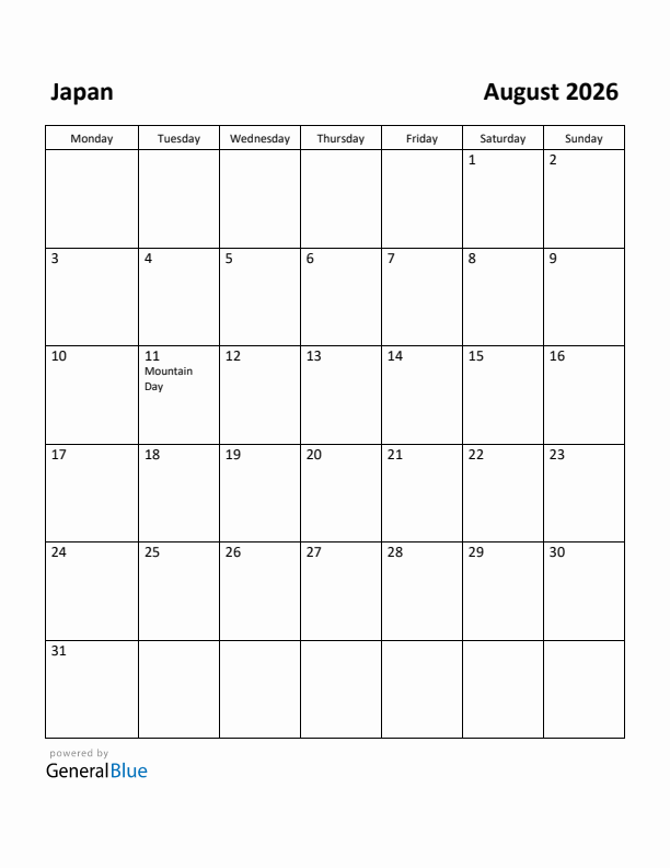 August 2026 Calendar with Japan Holidays