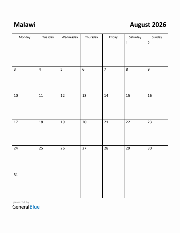 August 2026 Calendar with Malawi Holidays