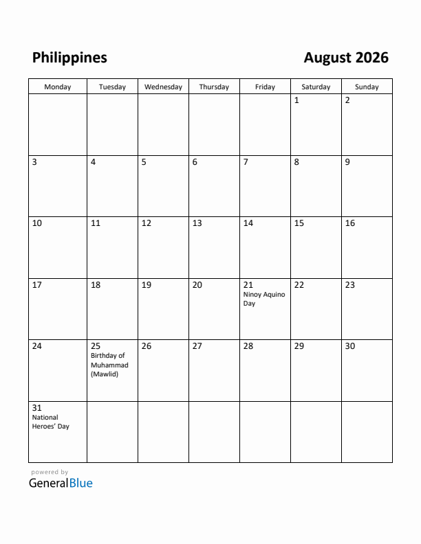 August 2026 Calendar with Philippines Holidays