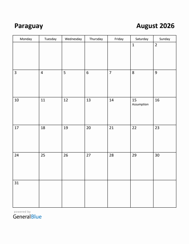 August 2026 Calendar with Paraguay Holidays