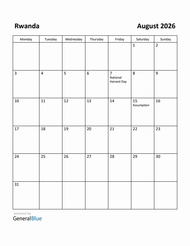 August 2026 Calendar with Rwanda Holidays