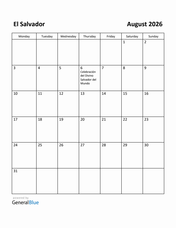 August 2026 Calendar with El Salvador Holidays