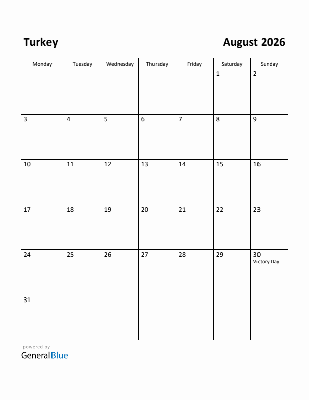 August 2026 Calendar with Turkey Holidays