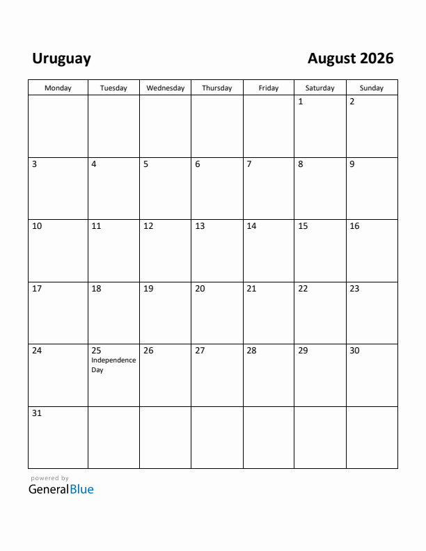 August 2026 Calendar with Uruguay Holidays