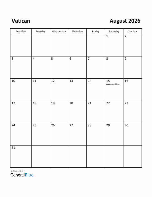 August 2026 Calendar with Vatican Holidays