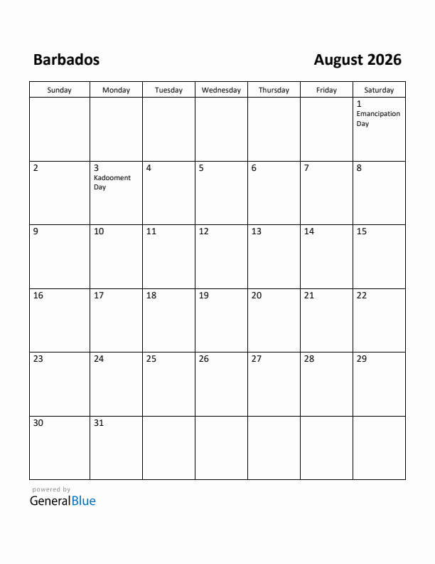 August 2026 Calendar with Barbados Holidays