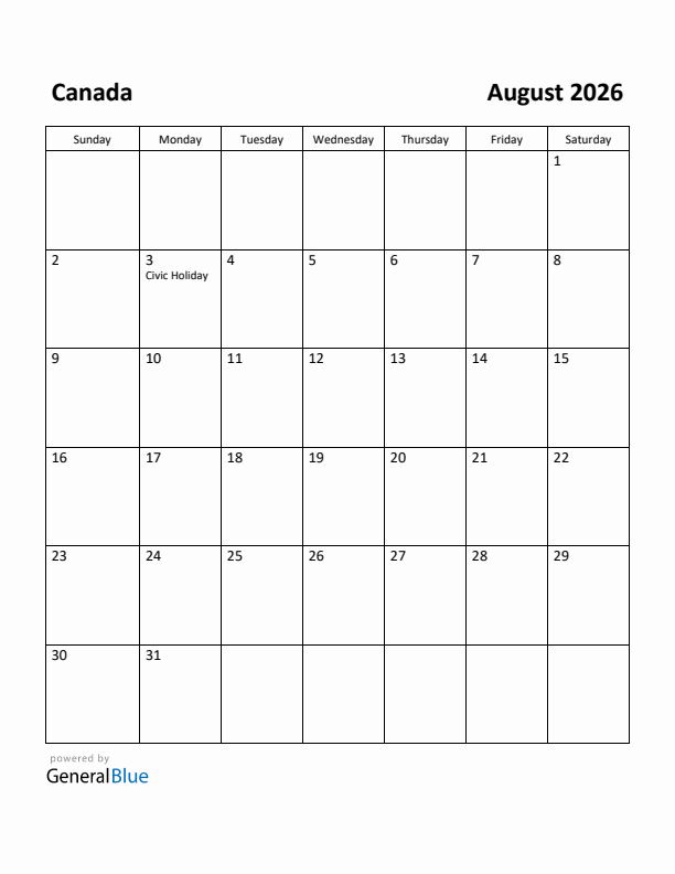 August 2026 Calendar with Canada Holidays