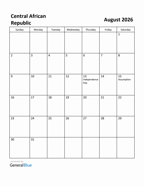 August 2026 Calendar with Central African Republic Holidays