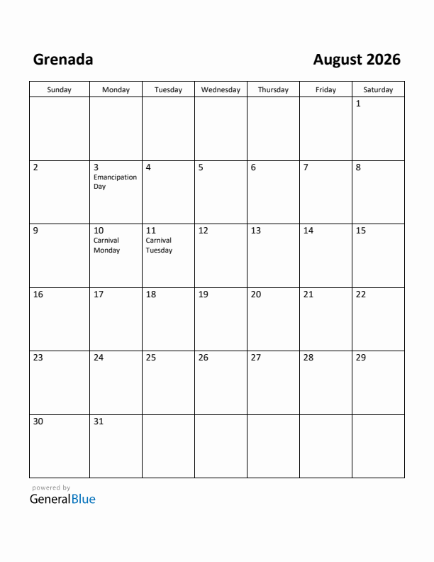 August 2026 Calendar with Grenada Holidays