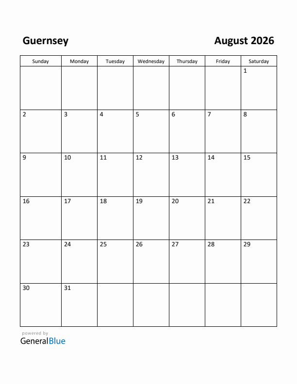 August 2026 Calendar with Guernsey Holidays