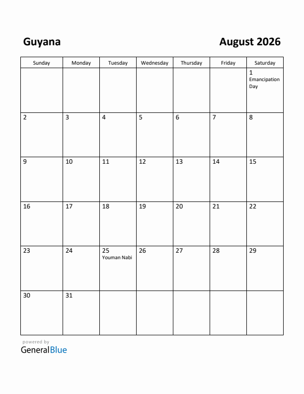 August 2026 Calendar with Guyana Holidays