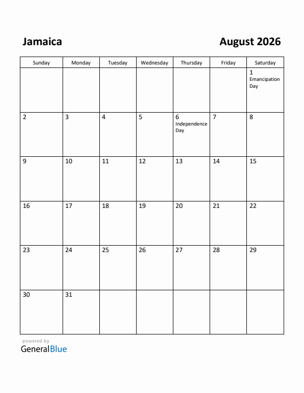 August 2026 Calendar with Jamaica Holidays