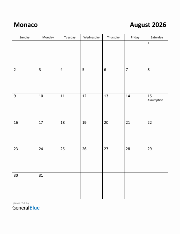 August 2026 Calendar with Monaco Holidays